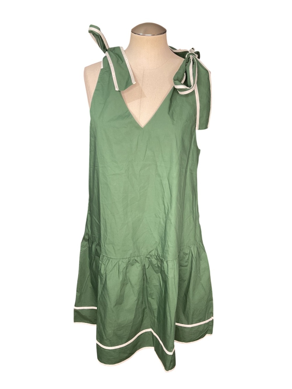 Wenrine Dark Green Drop Waist Mini Dress Size Small Tie Shoulder Bow White Trim - Picture 2 of 6